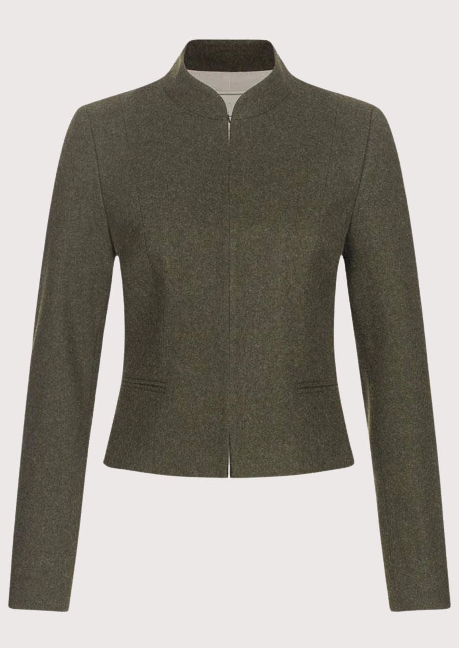Women's olive green Trachten jacket with stand-up collar, fitted tailored silhouette, concealed front closure, traditional Bavarian Alpine wool jacket, authentic German heritage fashion.