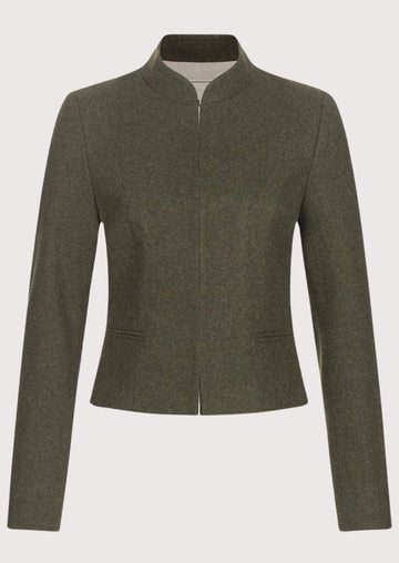 Women's olive green Trachten jacket with stand-up collar, fitted tailored silhouette, concealed front closure, traditional Bavarian Alpine wool jacket, authentic German heritage fashion.