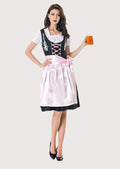 Traditional women's Trachten Dirndl with a fitted black bodice, soft pink apron, floral embroidery, white blouse, and authentic German festival design.