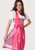 Traditional women's Trachten Dirndl with a fitted pink bodice, white blouse, satin apron, and authentic German folk fashion.
