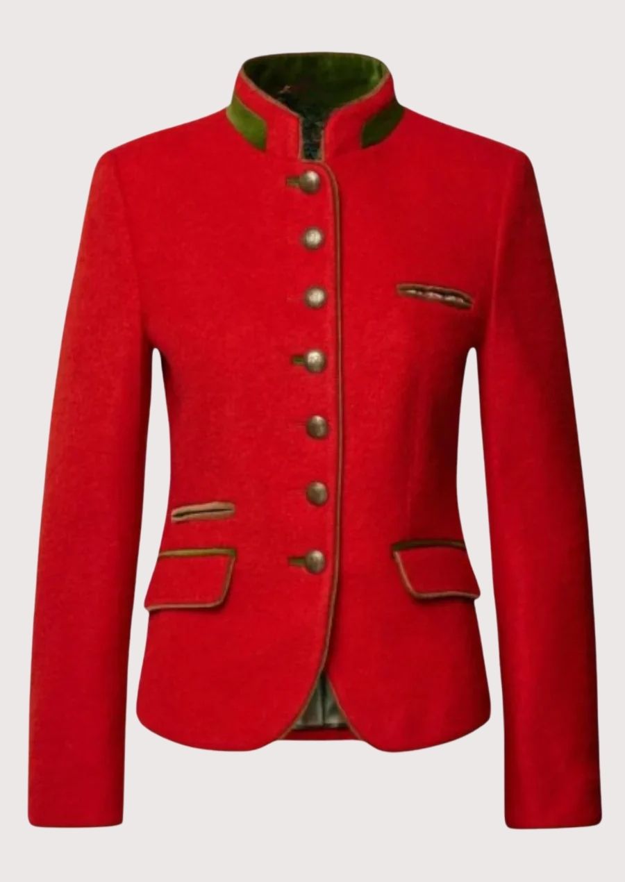 Red women’s trachten jacket with green trim, stand collar, and classic Bavarian alpine design.