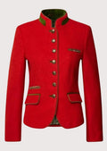 Red women’s trachten jacket with green trim, stand collar, and classic Bavarian alpine design.