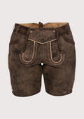 Front view of women’s rustic brown lederhosen shorts with embroidered flap detail