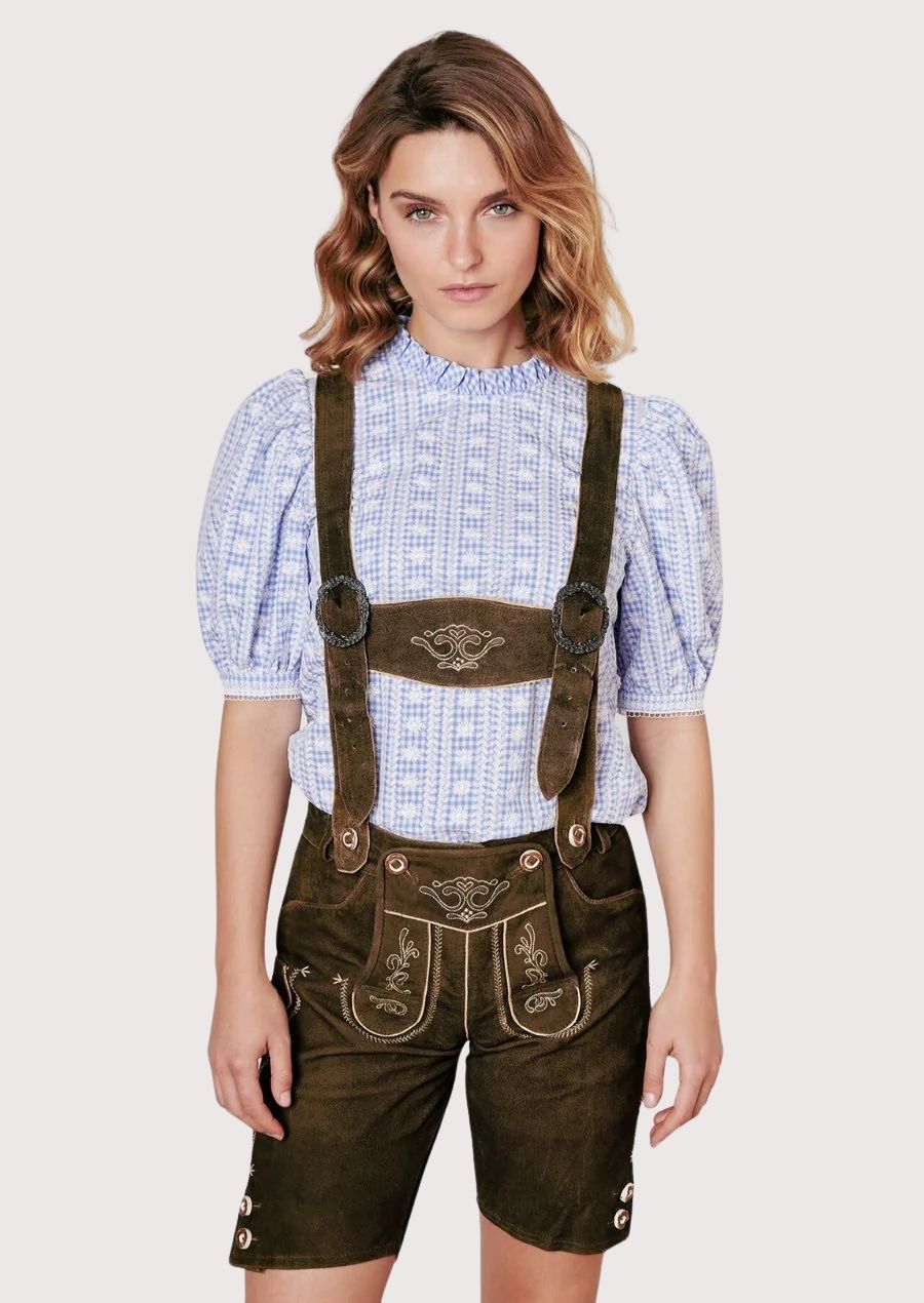 Brown Suede Floral Women's Lederhosen with embroidered accents, traditional bib front, and timeless Bavarian character.
