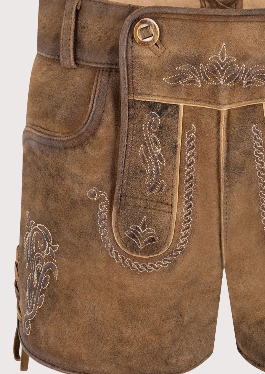 Suede Lederhosen Tan Alpine Scroll, decorative side lacing, and authentic Alpine heritage styling.