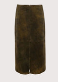 Women wearing brown suede alpine skirt with front slit