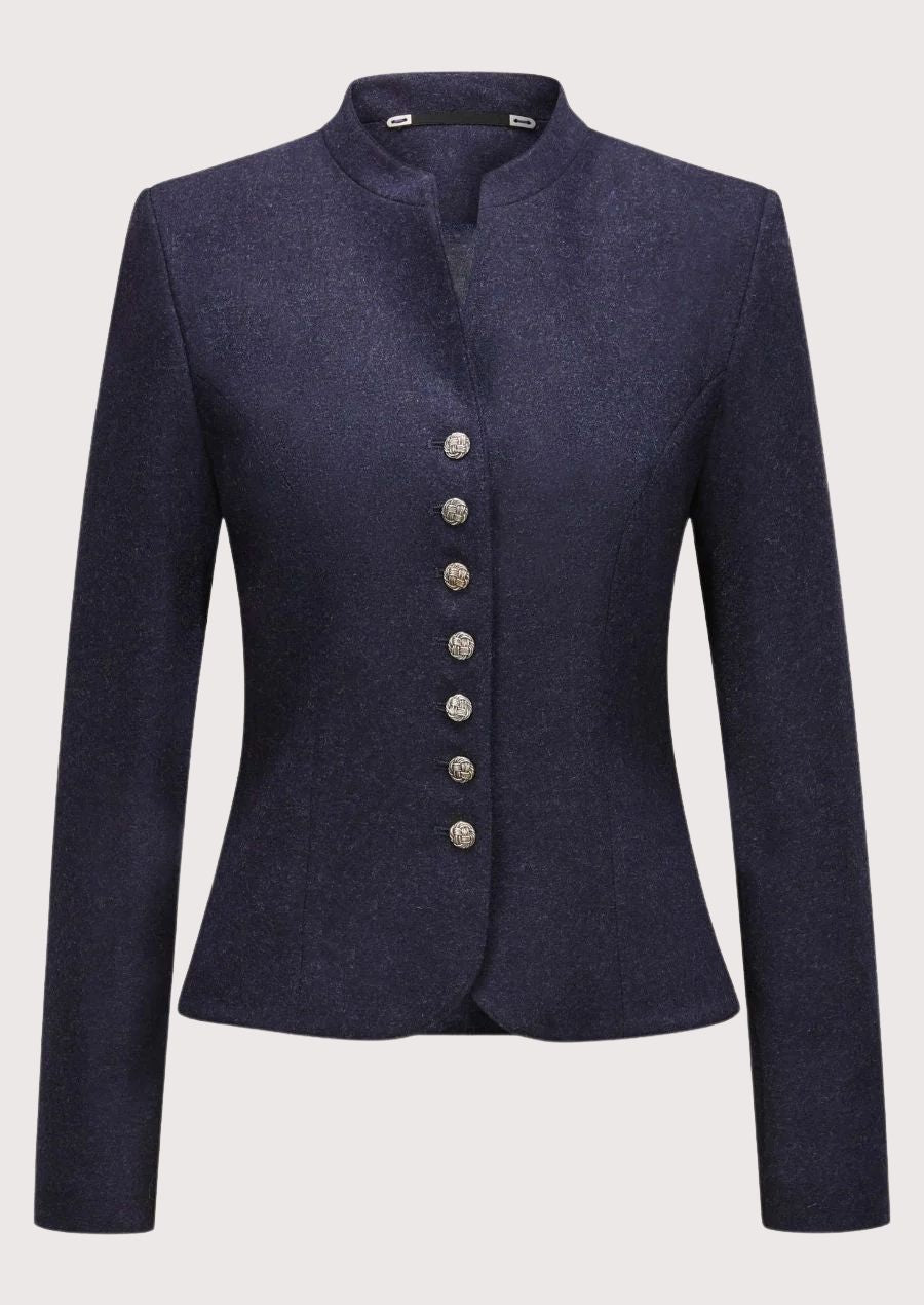 Women's navy wool Trachten blazer with stand-up collar, decorative silver buttons, tailored Bavarian jacket, premium Alpine heritage outerwear for Oktoberfest and traditional German fashion.