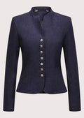 Women's navy wool Trachten blazer with stand-up collar, decorative silver buttons, tailored Bavarian jacket, premium Alpine heritage outerwear for Oktoberfest and traditional German fashion.