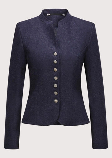 Women's navy wool Trachten blazer with stand-up collar, decorative silver buttons, tailored Bavarian jacket, premium Alpine heritage outerwear for Oktoberfest and traditional German fashion.