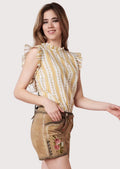 Women's tan lederhosen featuring elegant rose embroidery, decorative front panel, and classic Bavarian character.