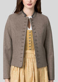 Front and angled view of a women's taupe Trachten jacket with premium wool, stand collar, decorative buttons, and tailored Alpine fit.
