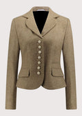 Women's taupe wool Trachten blazer with decorative pewter buttons, tailored Bavarian jacket, notch lapel, premium Alpine heritage outerwear, authentic German fashion.