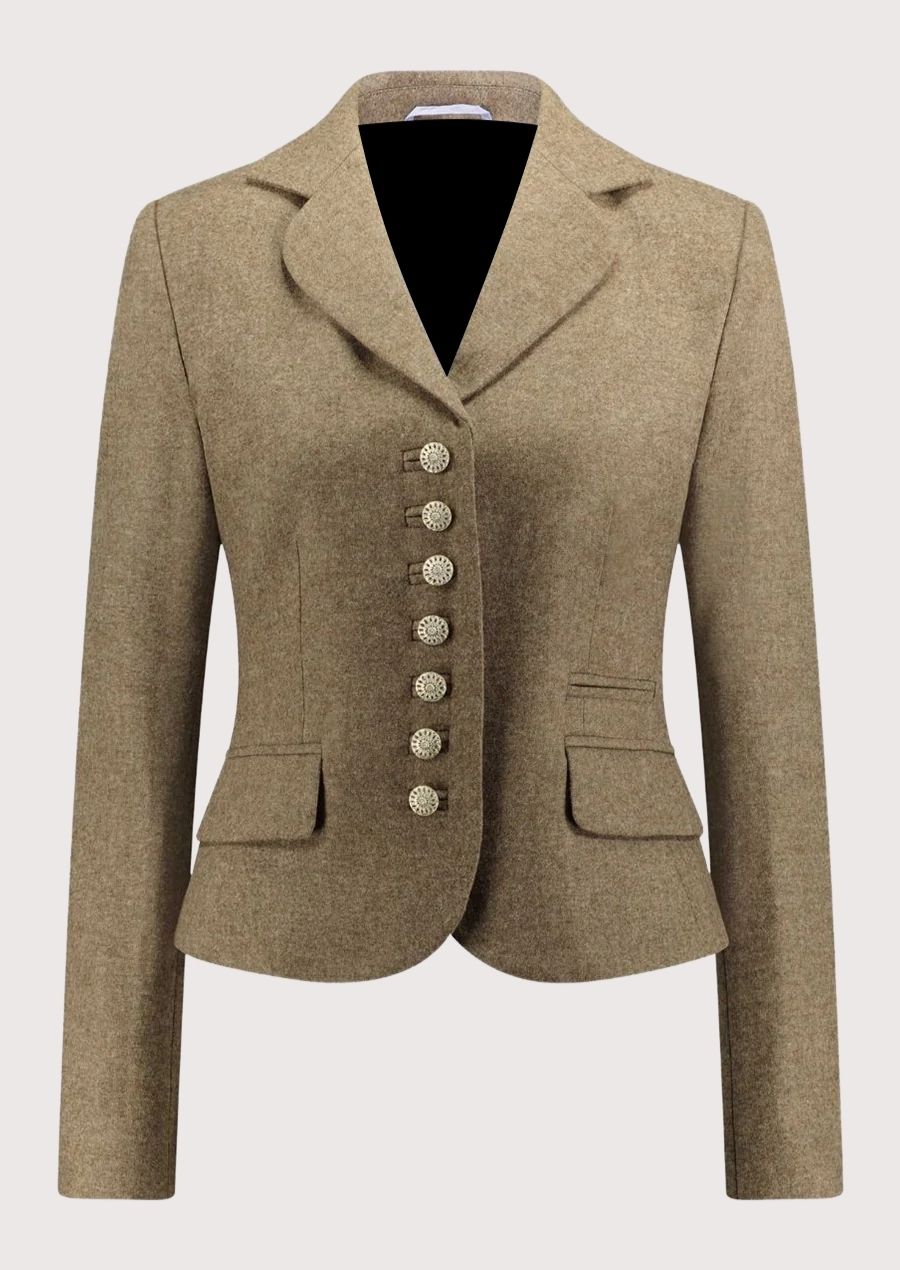 Women's taupe wool Trachten blazer with decorative pewter buttons, tailored Bavarian jacket, notch lapel, premium Alpine heritage outerwear, authentic German fashion.