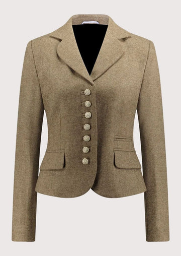 Women's taupe wool Trachten blazer with decorative pewter buttons, tailored Bavarian jacket, notch lapel, premium Alpine heritage outerwear, authentic German fashion.