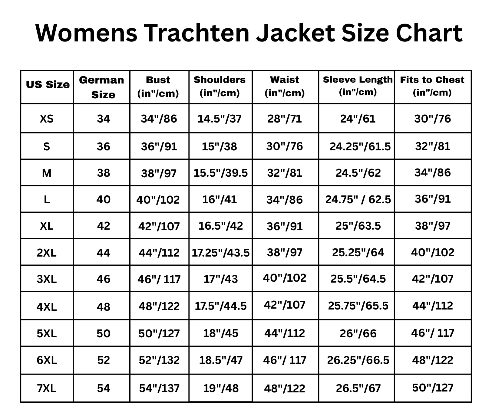 Size Chart for Women’s Trachten Jacket - Stylish & Traditional Festival Fit