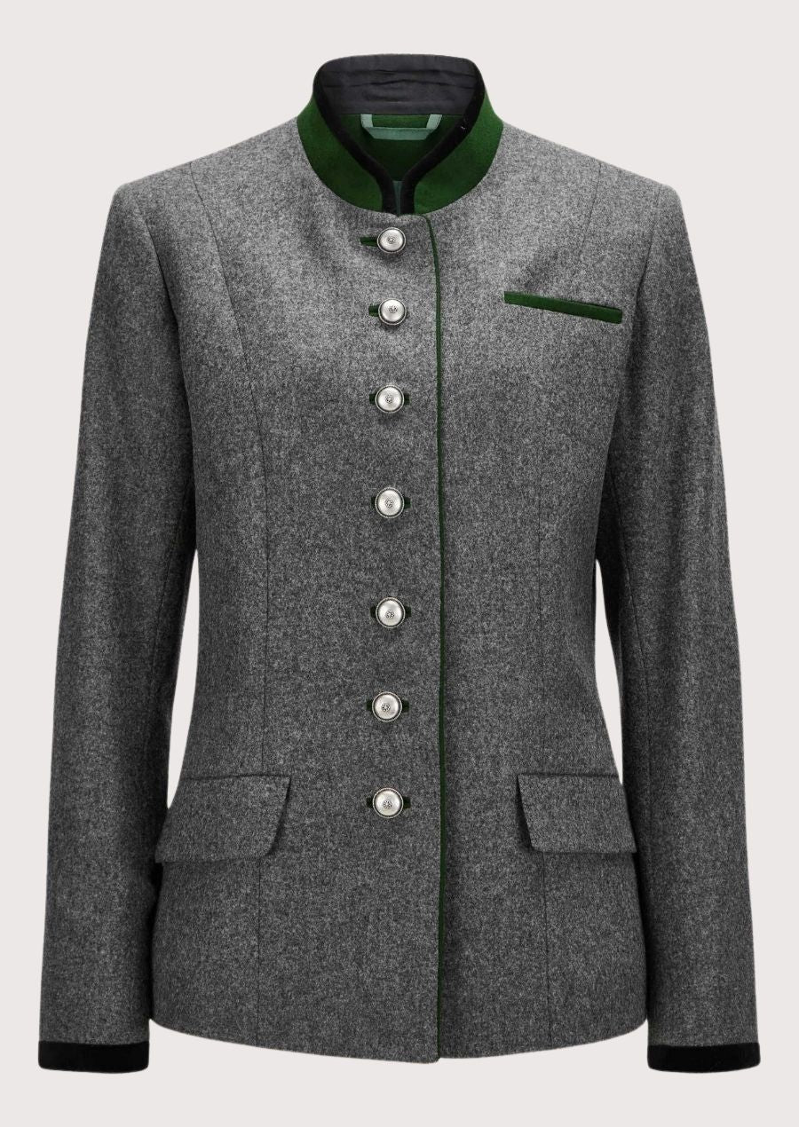 Women’s Trachten Jacket in grey wool with classic button detailing for traditional events and Oktoberfest.

