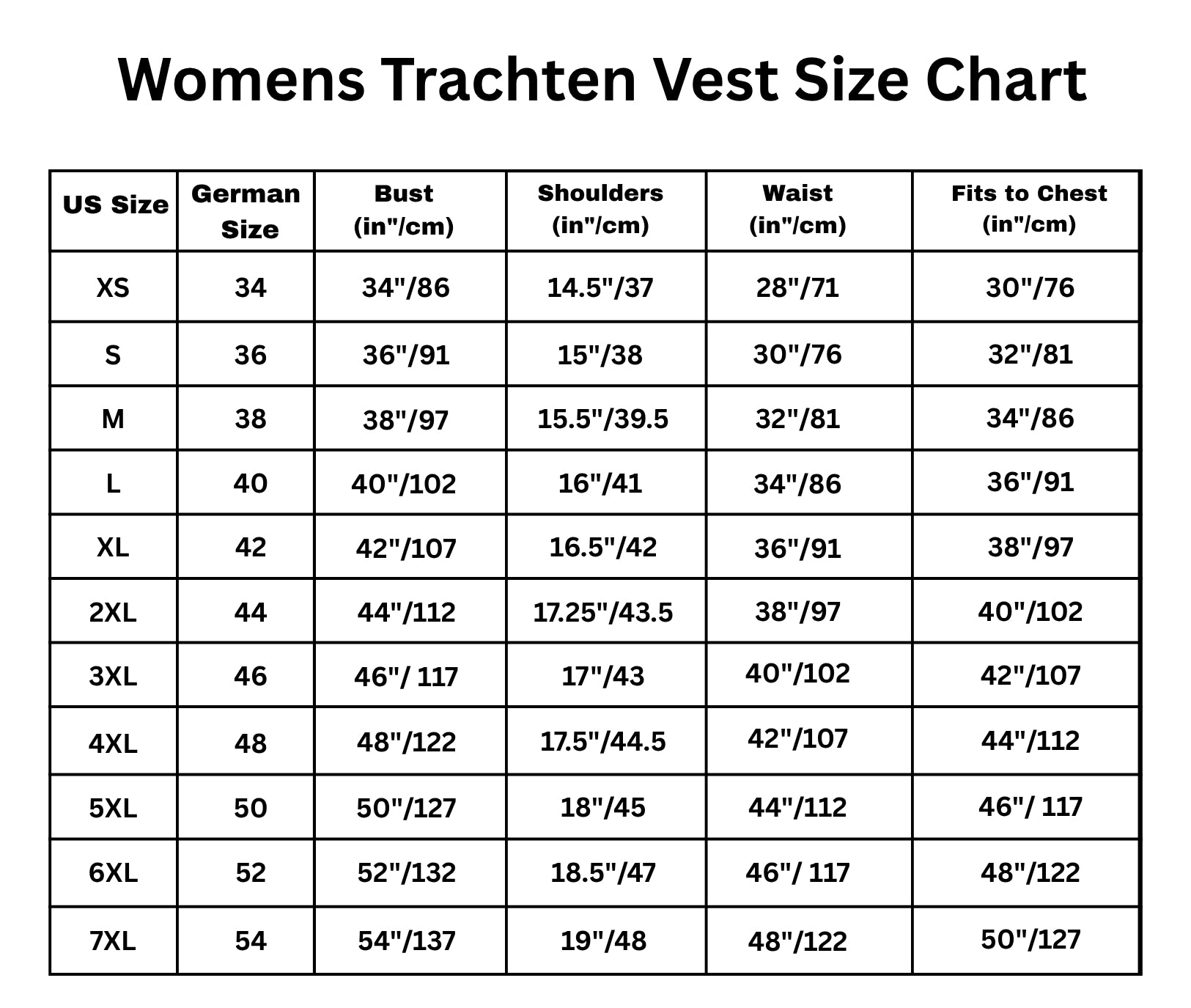 Size Chart for Elegant Dirndl Vest for Women - Bavarian Festival Style