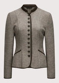 Women's grey wool Trachten jacket with stand-up collar, dark contrast trim, decorative front buttons, tailored Bavarian blazer, premium Alpine heritage jacket for Oktoberfest and traditional German fashion.