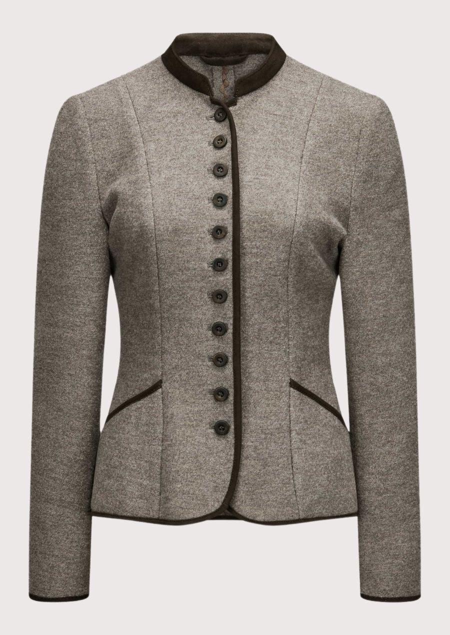 Women's grey wool Trachten jacket with stand-up collar, dark contrast trim, decorative front buttons, tailored Bavarian blazer, premium Alpine heritage jacket for Oktoberfest and traditional German fashion.