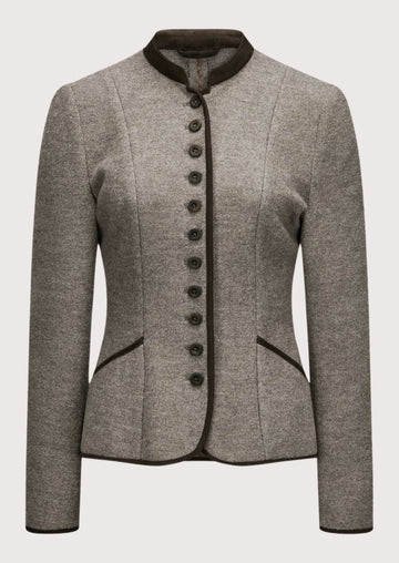 Women's grey wool Trachten jacket with stand-up collar, dark contrast trim, decorative front buttons, tailored Bavarian blazer, premium Alpine heritage jacket for Oktoberfest and traditional German fashion.