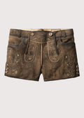 Women's vintage suede lederhosen shorts in dark brown leather with traditional embroidery and authentic Bavarian styling.
